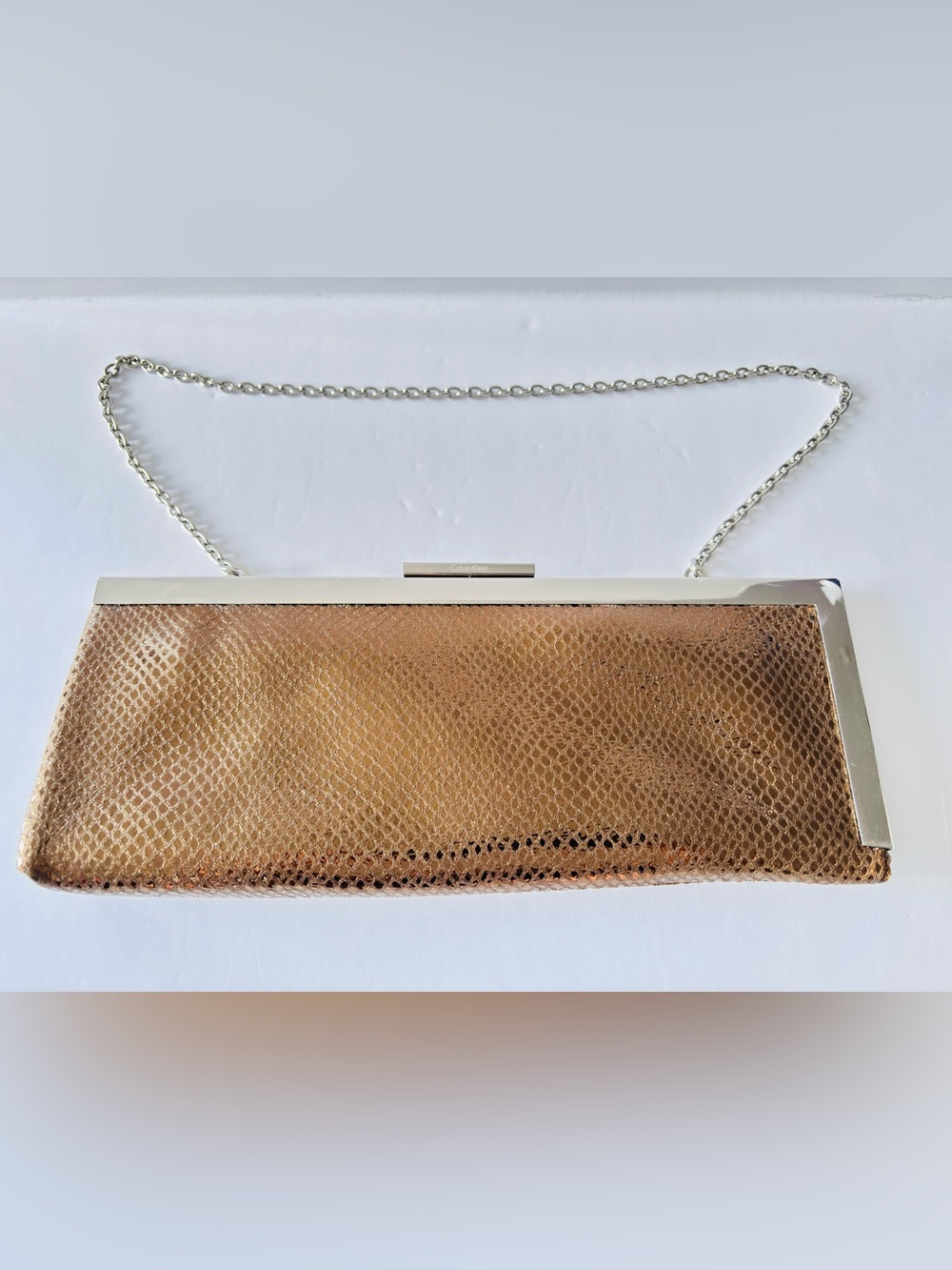 🦋2/25$ CALVIN KLEIN METALLIC bronze faux SNAKE LEATHER CLUTCH bag with MIRROR